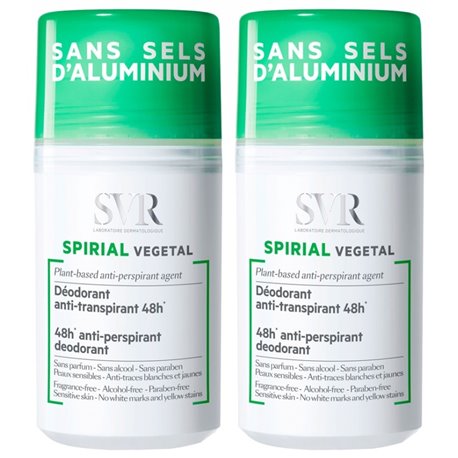 SVR SPIRIAL VEGETAL DEODORANT ANTI-TRANSPIRANT 48H ROLL-ON SANS SEL D'ALUMINIUM LOT 2X 50ML