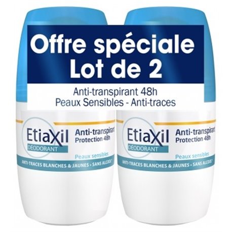 ETIAXIL DEODORANT ANTI-TRANSPIRANT 48H ANTI-TRACES BLANCHES & JAUNES SANS ALCOOL ROLL-ON LOT 2