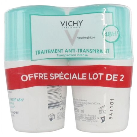 VICHY DEODORANT ANTI-TRANSPIRANT 48H TRANSPIRATION INTENSE PEAU SENSIBLE SANS ALCOOL LOT 2X 50ML ROLL ON