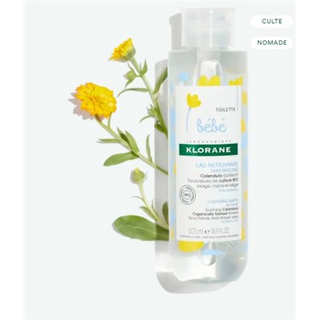 KLORANE BEBE EAU NETTOYANTE SANS RINCAGE VISAGE MAINS ET SIEGE PEAU NORMALE 500ML