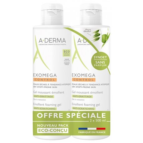 A-DERMA EXOMEGA CONTROL GEL MOUSSANT EMOLLIENT ANTI-GRATTAGE PEAUX SECHES A TENDANCE ATOPIQUES LOT 2X 500ML PACK ECO-CONCU