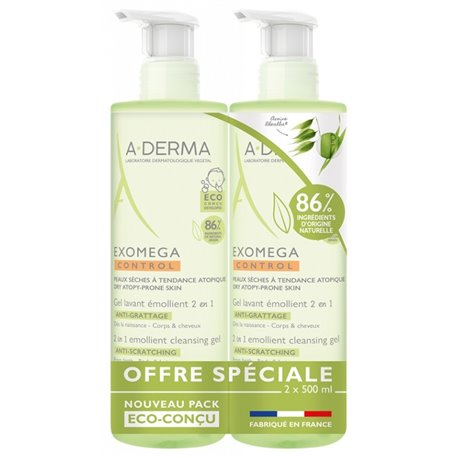 A-DERMA EXOMEGA CONTROL GEL LAVANT EMOLLIENT 2EN1 ANTI-GRATTAGE PEAUX SECHES A TENDANCE ATOPIQUE LOT 2X500ML PACK ECO-CONCU