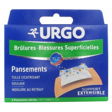 URGO PANSEMENT BRULURES-BLESSURES SUPERFICIELLES TULLE CICATRISANT 6 PANSEMENTS 5X7CM