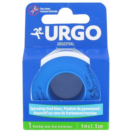 URGO URGOSYVAL SPARADRAP TISSE BLANC FIXATION DE PANSEMENT 1 ROULEAU AVEC ETUI PROTECTEUR 5M X 2.5CM