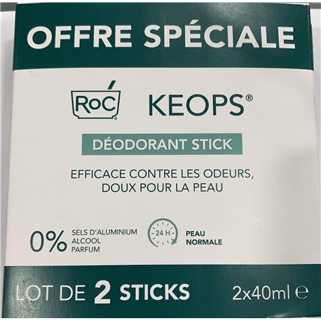 ROC KEOPS DEODORANT STICK SANS ALCOOL SANS SEL D'ALUMINIUM SANS PARFUM LOT 2X 40ML