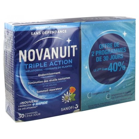 NOVANUIT TRIPLE ACTION MELATONINE + EXTRAITS DE PLANTES LOT 2X 30CP