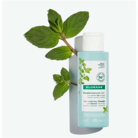 KLORANE POUDRE PURIFIANTE 3 EN 1 A LA MENTHE BIO ET ARGILE PURIFIE NETTOIE EXFOLIE PEAUX MIXTES A GRASSES 50G