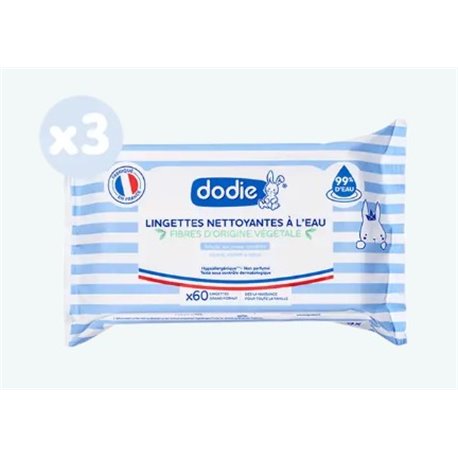 DODIE LINGETTES NETTOYANTES A L'EAU LOT DE 3X 60 LINGETTES